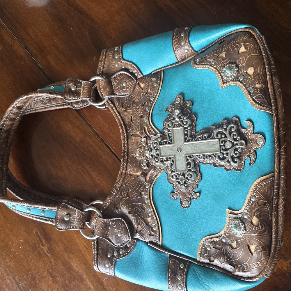Turquoise and Brown Embellished Women's Bag